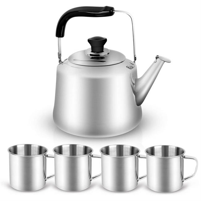 4L Camping Kettle Set with 4 Cups, Durable Stainless Steel Camp Tea Coffee Water Pot with 4 Mugs for Hiking, Backpacking, Outdoor Camping and Picnic, Carrying Bag Included